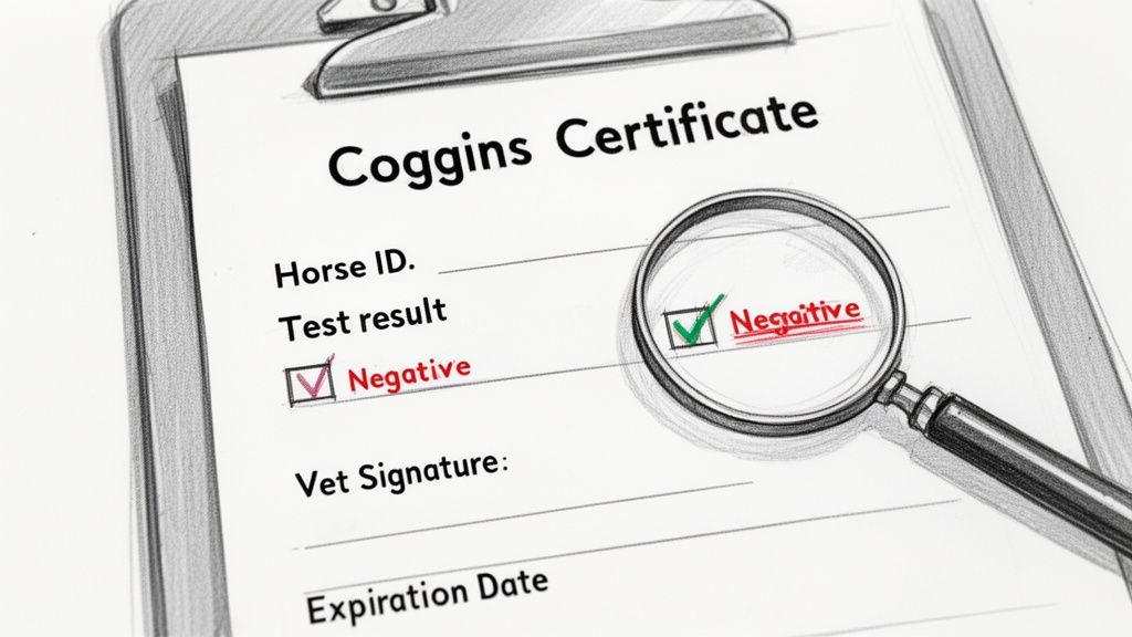A Coggins Certificate on a clipboard shows a negative horse test result, highlighted by a magnifying glass.