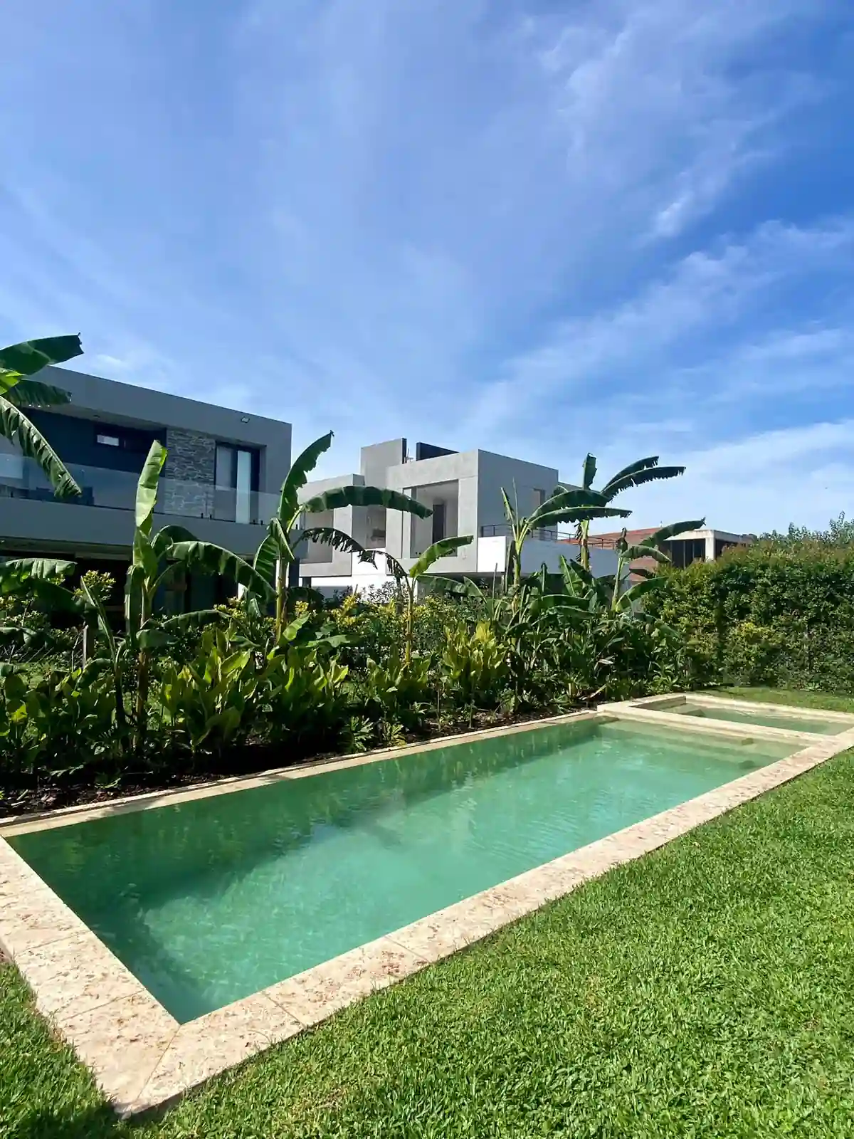 Piscina de hormigón arquitectónico en el jardín de una casa moderna gris, separada por un cerco natural de exuberantes plantas tropicales.