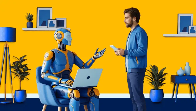 Man interacting with a robot using a laptop in a vibrant yellow and blue room.