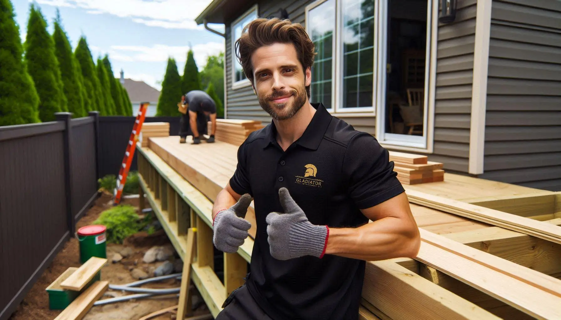 An image of to man giving two thumbs up witch a wood deck being built in the background.