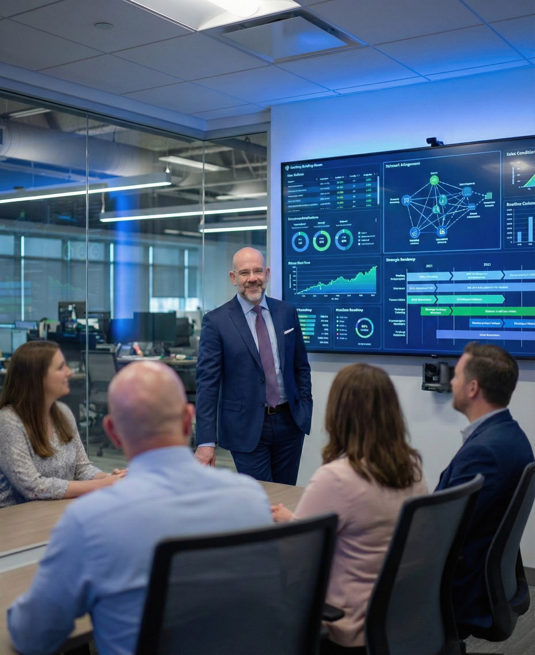 Mark Hennick standing next to a large high-definition screen reviewing data strategy with a small group of individuals