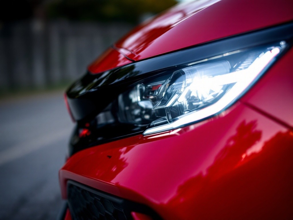 Close up of a red car's headlight