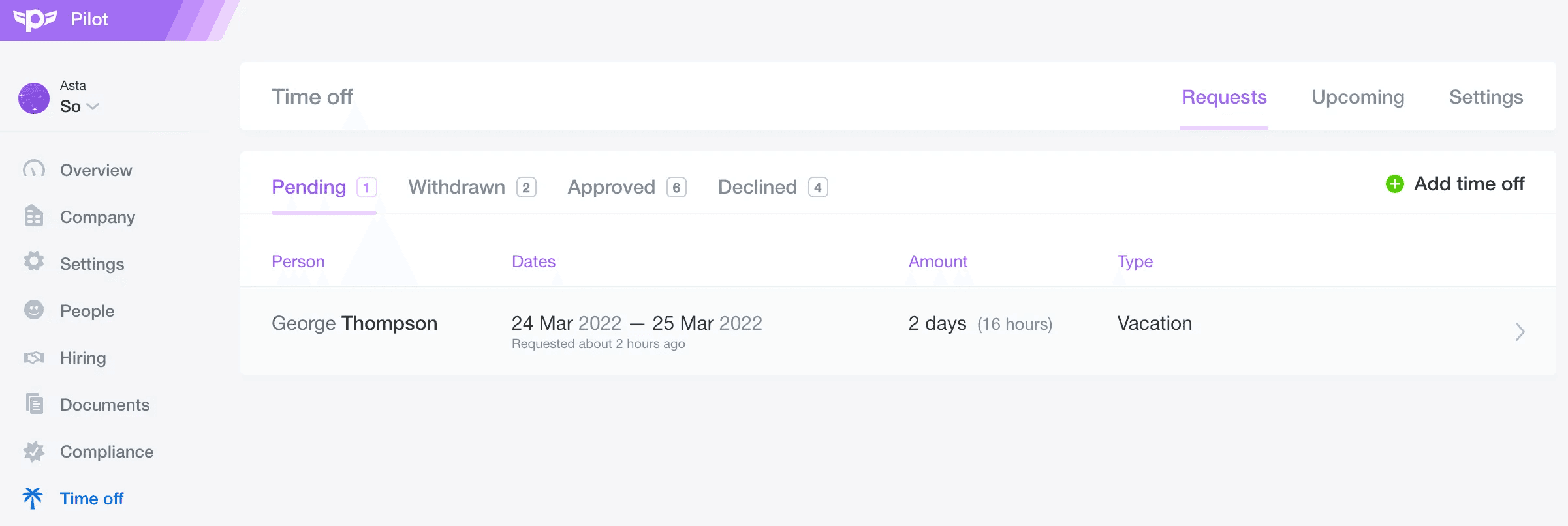 Time-off page for an administrator or manager