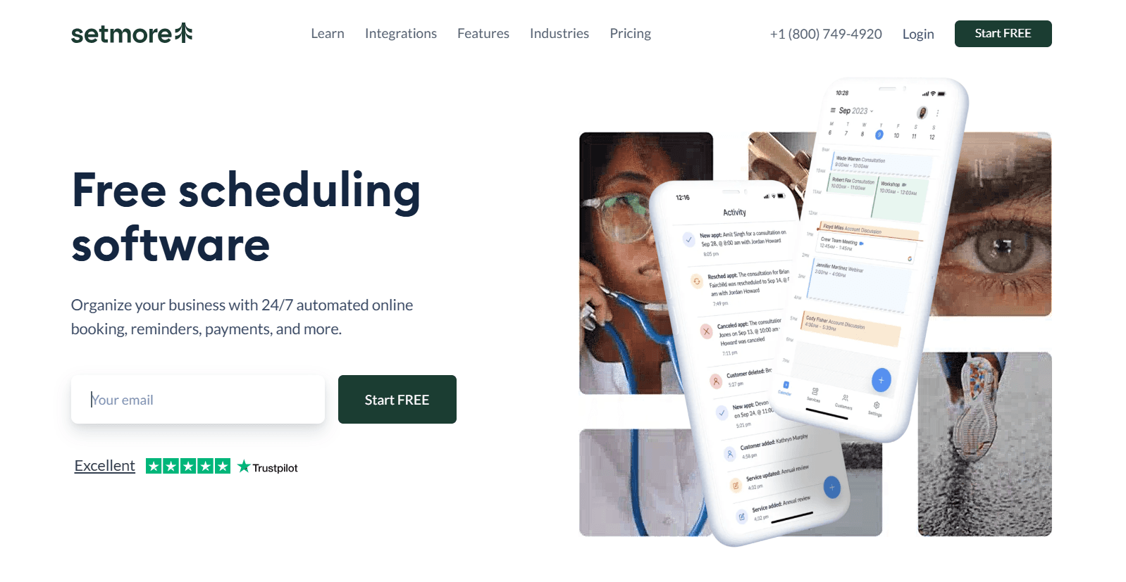Homepage screenshot of Setmore showing the naviagtion bar and hero section