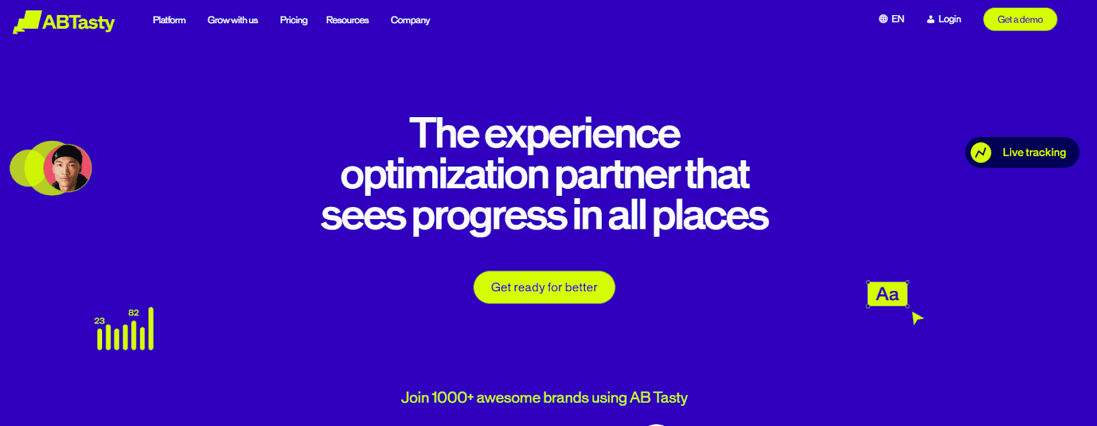 AB Tasty's landing page for A/B testing, important for tracking and analyzing A/B testing metrics.