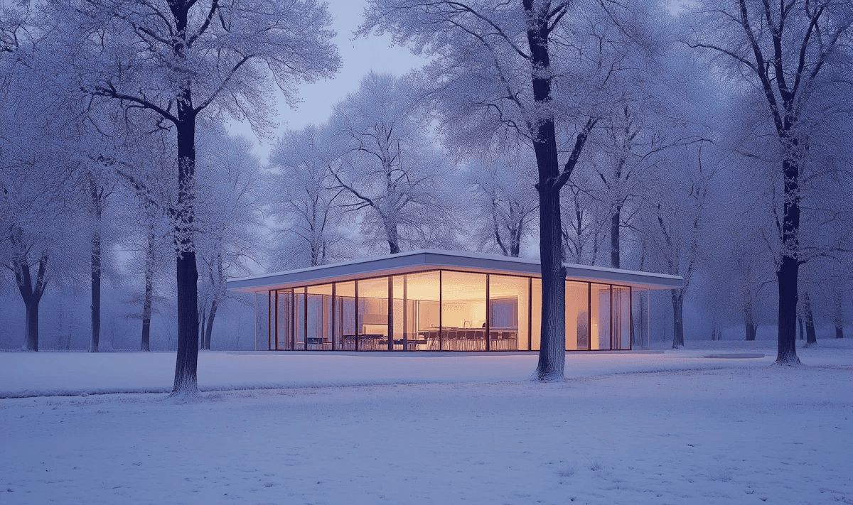 Snow covered juncle home with glass walls