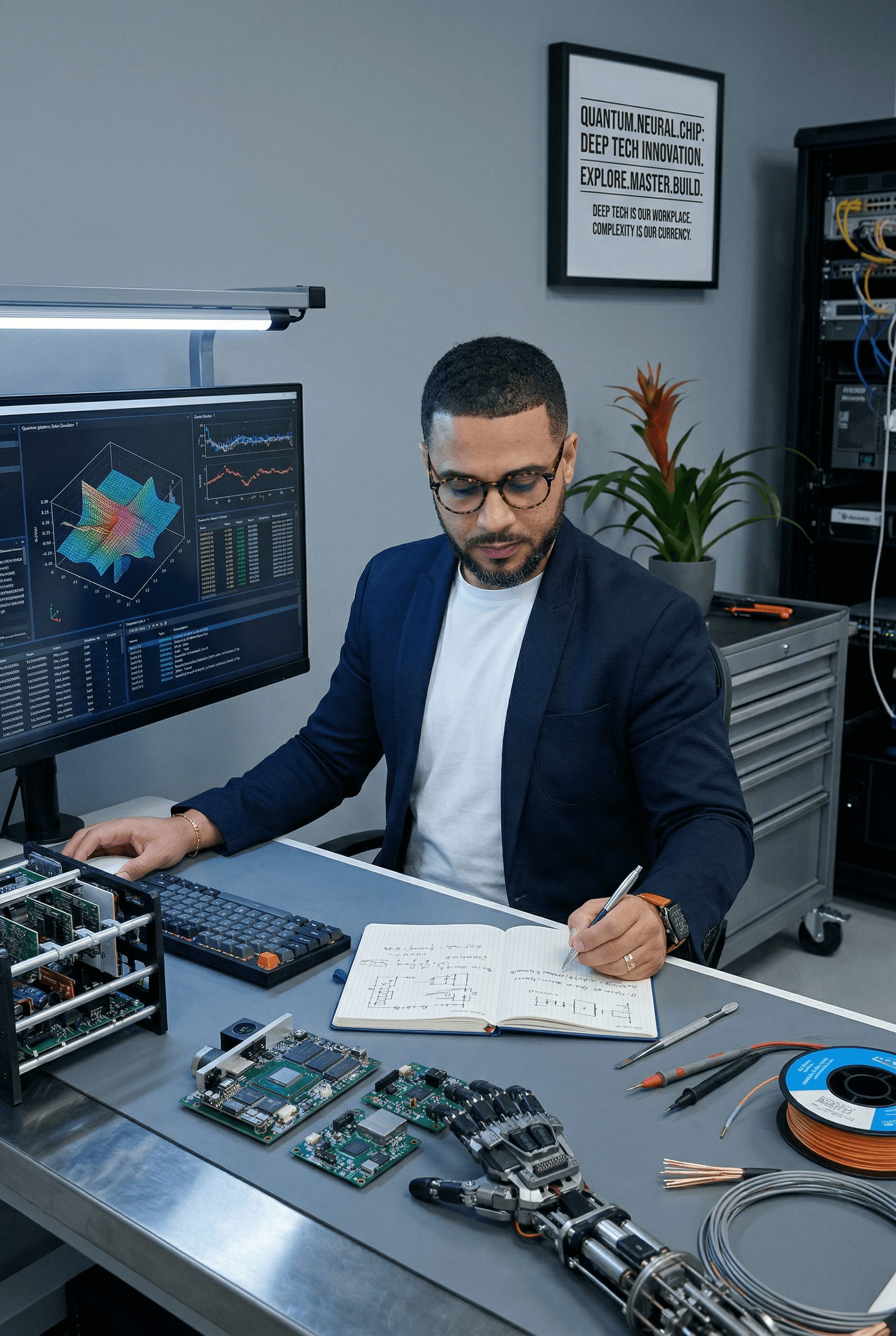 A man wearing glasses and a blazer working at a desk, writing in a notebook beside a computer monitor in a modern office.