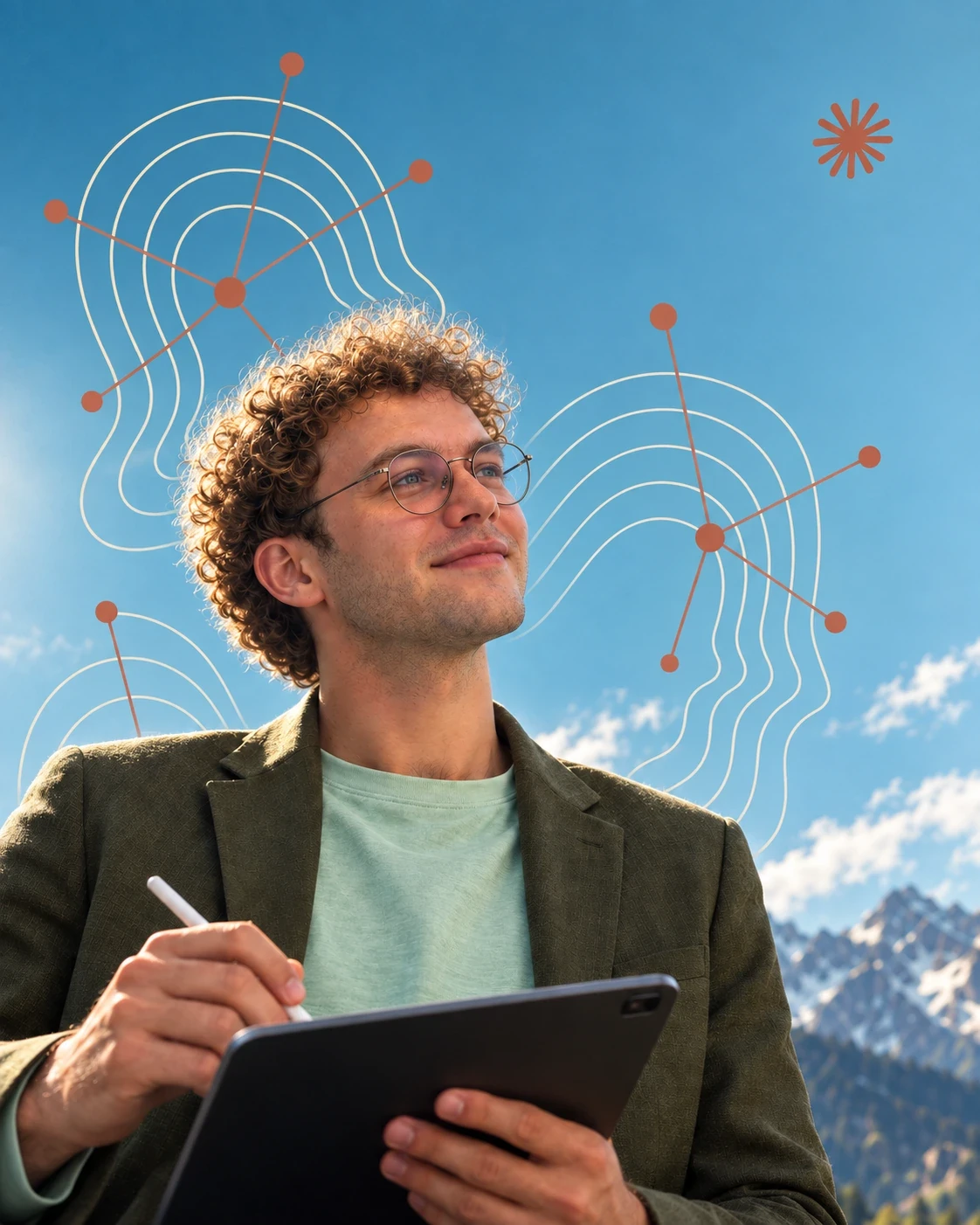 Homme consultant une tablette en montagne