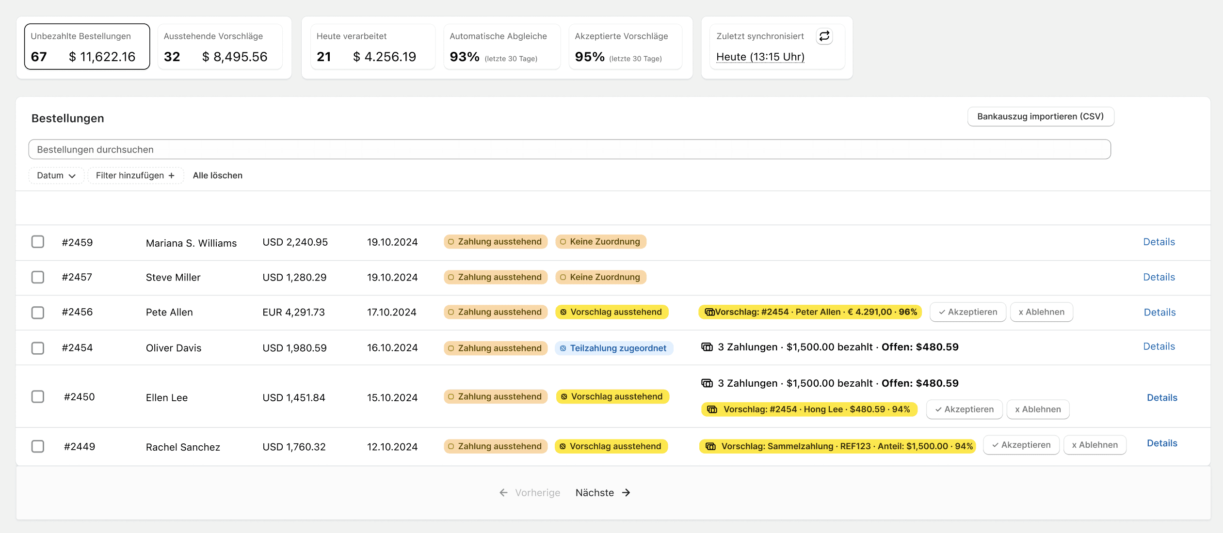 Zahlungsabgleichsliste in Cleero Shopify App