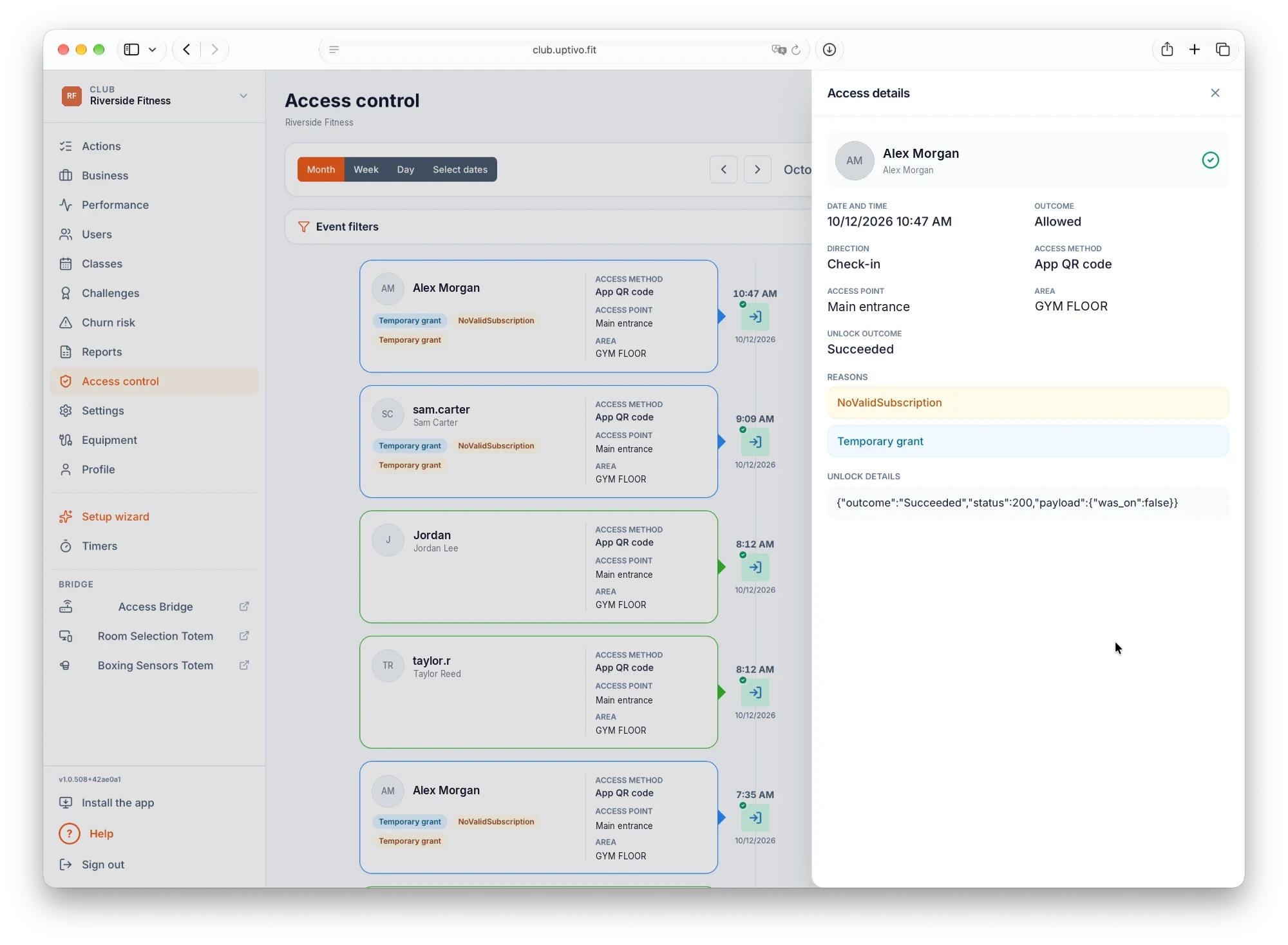 Uptivo access control log: every QR code check-in with the access point, the area, the outcome and the reasons behind it