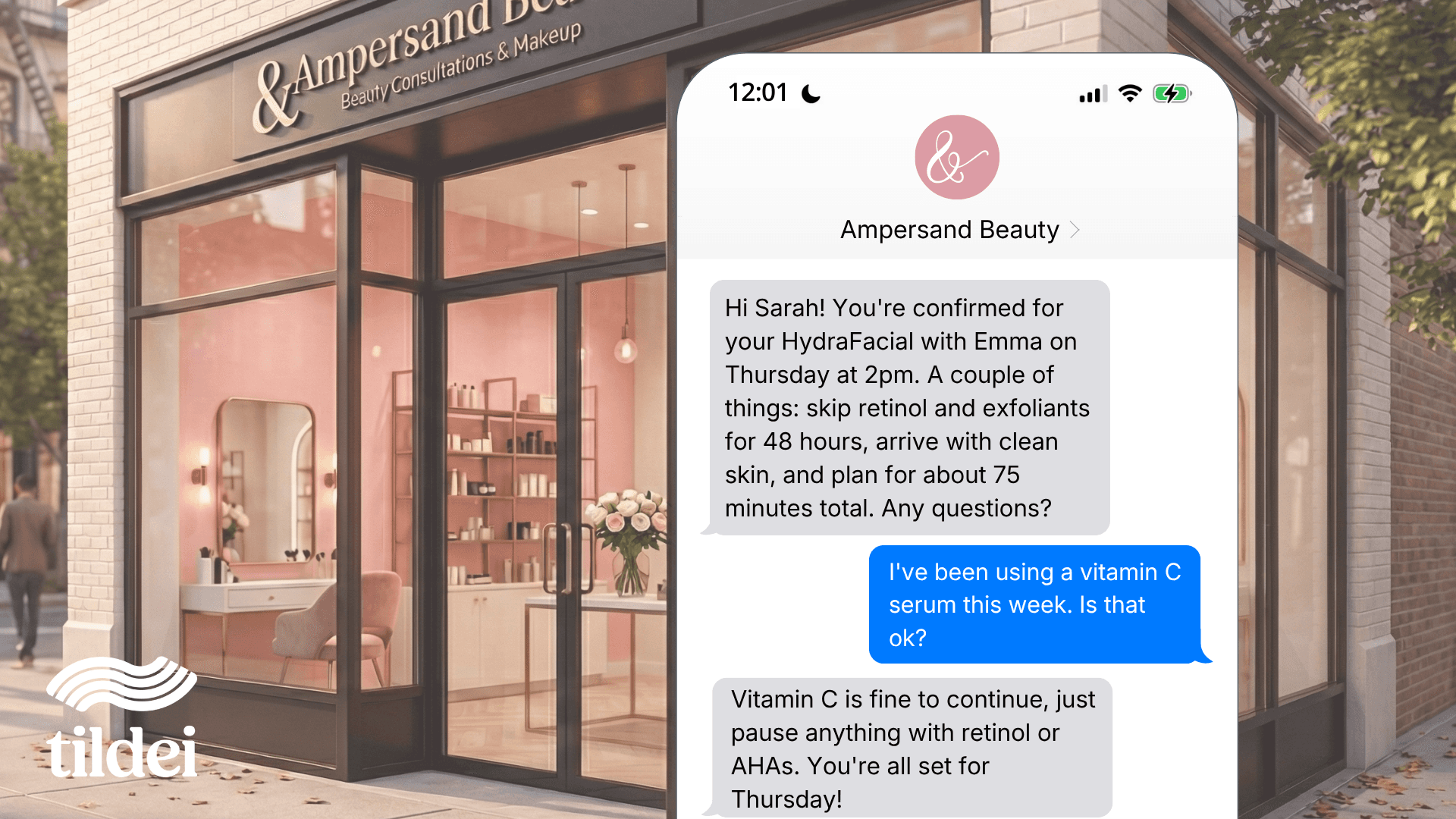 A text message sent to a customer letting them know how to prep their skin before their facial. The customer asks a clarifying question, and the agent replies.