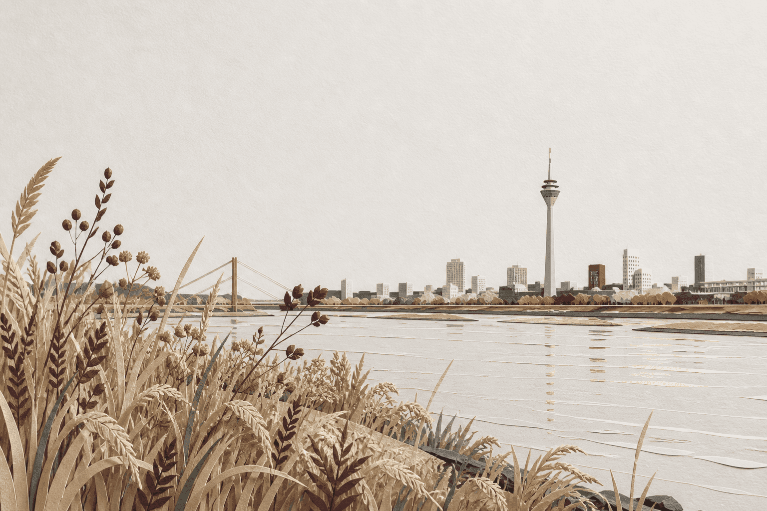 Papiermaquette des Düsseldorfer Rheinufers im Spätsommer mit goldenen Gräsern und Rheinturm.