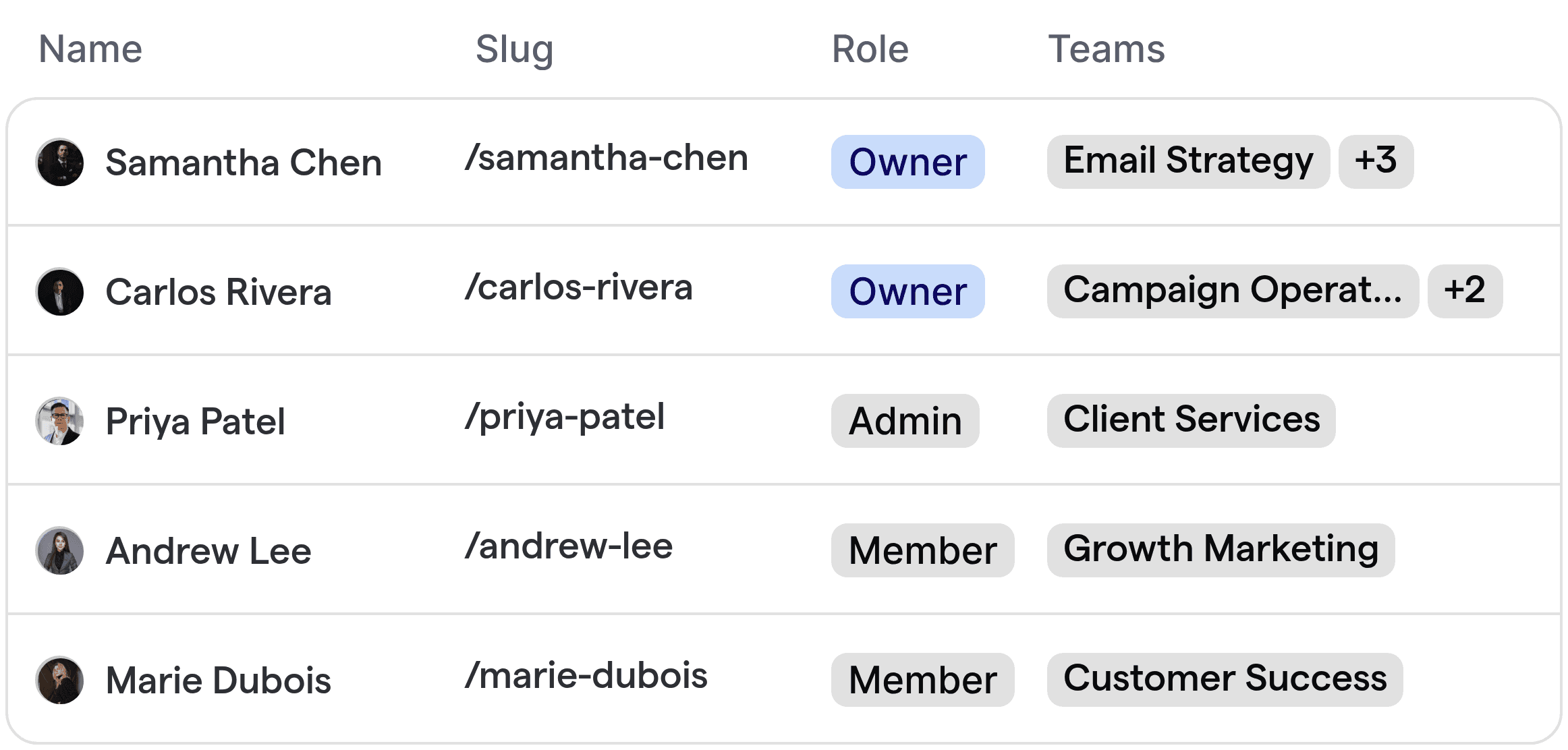 A team roster interface for email marketing, displaying specialists like Email Strategy or Campaign Operations, each with their roles and team assignments.