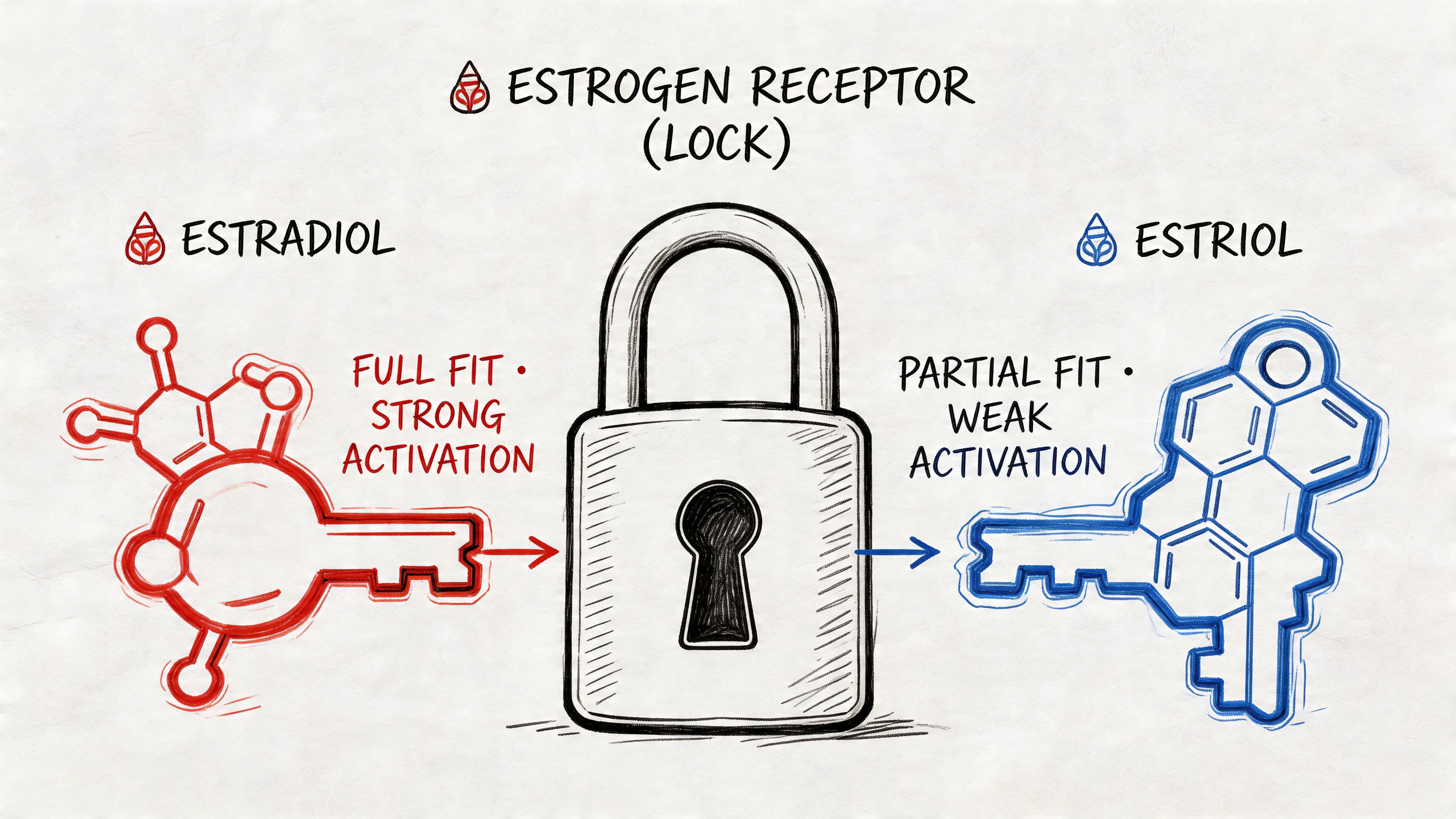 A conceptual diagram comparing how estradiol and estriol bind to the estrogen receptor like keys in a lock.