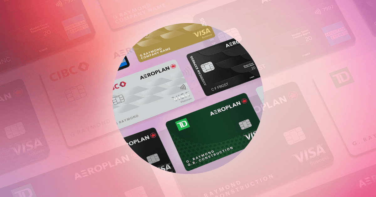 Different Canadian credit cards laid flat with a pink cutout circle