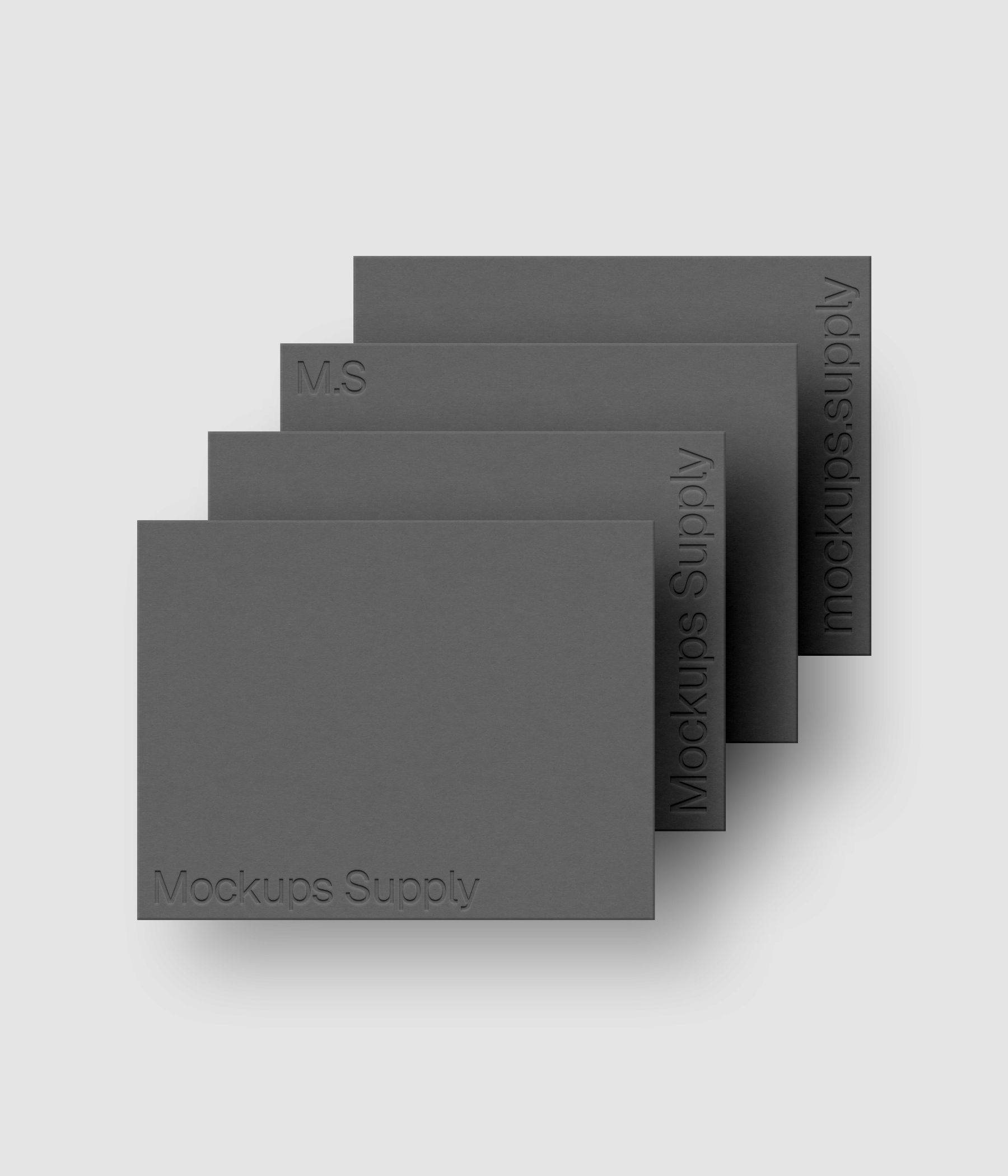 Four US Letter paper mockup PSD landscape with debossed logo effect, gray papers on white background, clean modern stationery mockup for print and branding