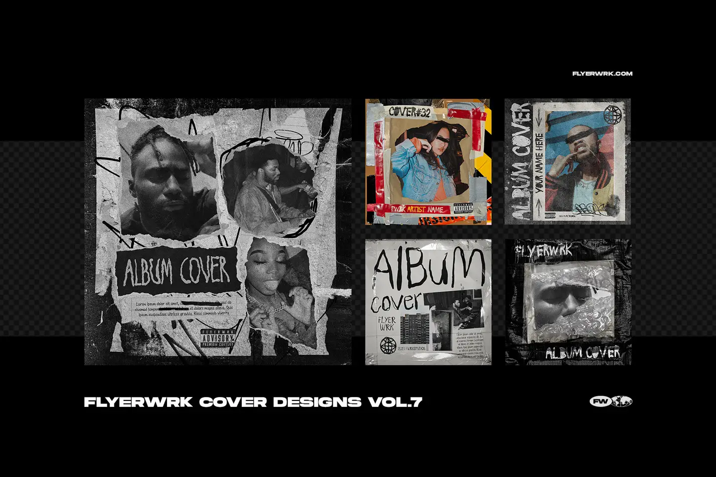 Grid overview of five creative cover design templates volume seven for music and media promotion