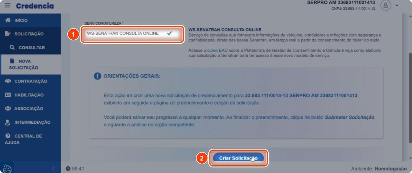 Captura de tela de referência do Credencia para Passo 2 — Conferir o serviço WS-SENATRAN e criar a solicitação. Contexto: 41 — Revisão — Solicitação de validação.