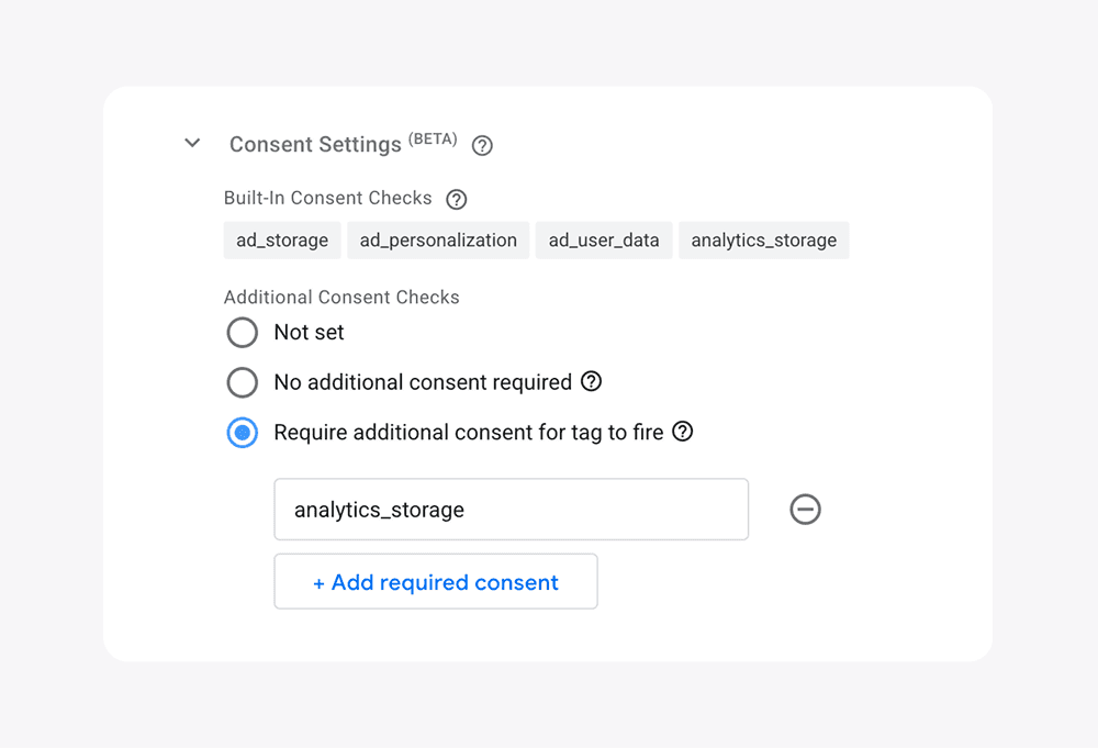Google Tag Manager configuration for GA4 tag showing Additional Consent Settings set to require analytics_storage.