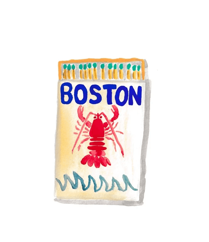 Watercolor postcard-style illustration reading "Boston" with a red lobster