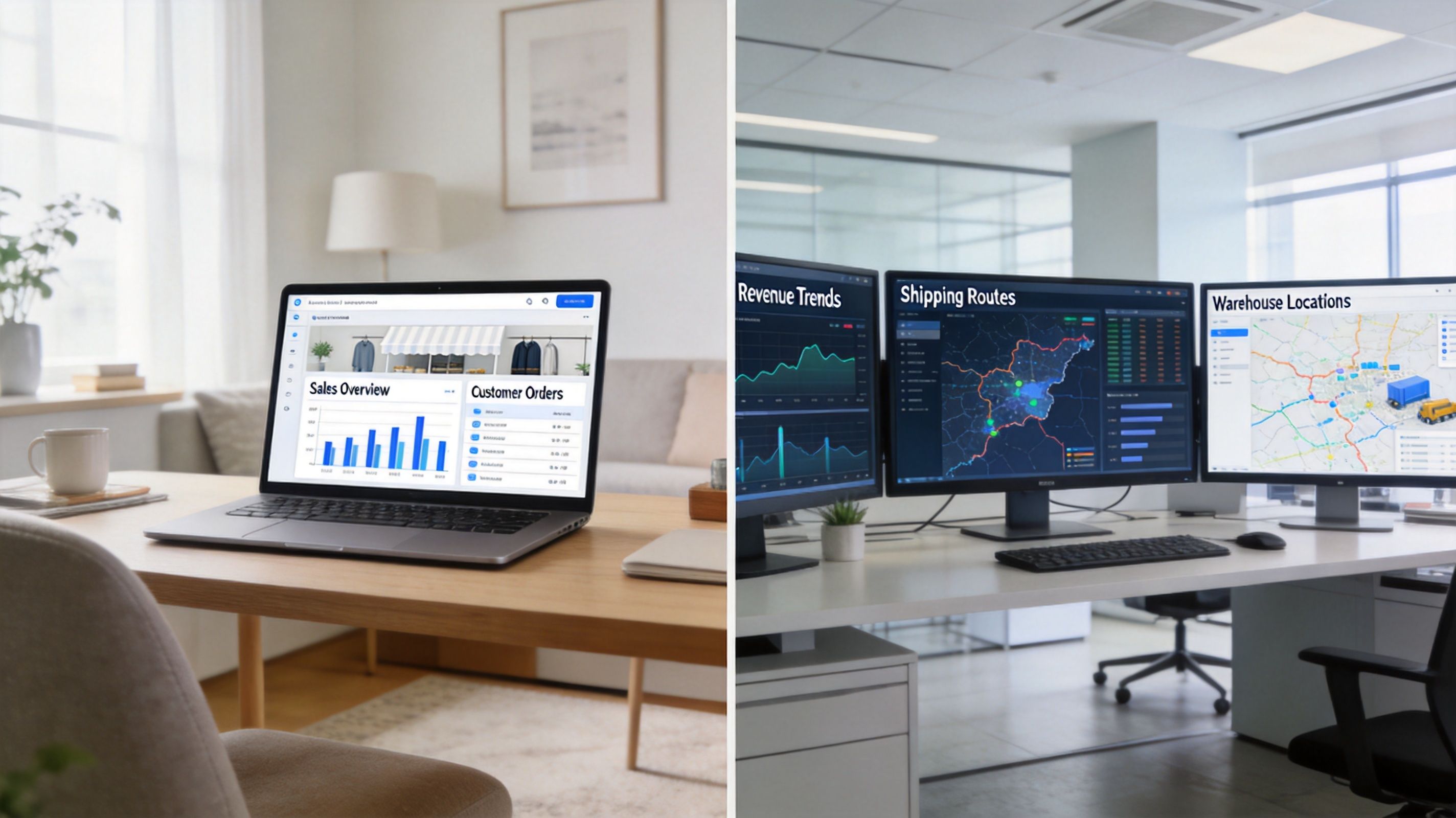A split image showing a laptop displaying sales data and office monitors showing logistics and revenue metrics.