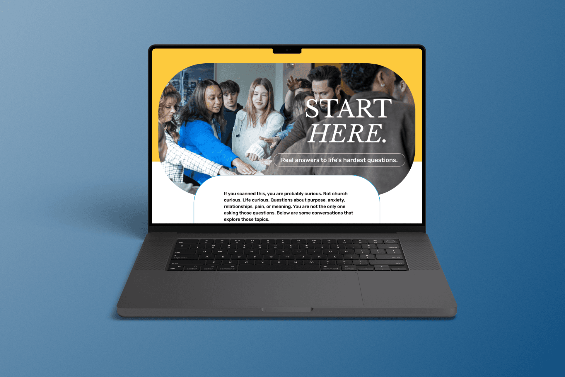 Introduces the experience with simple, direct language and a clear entry point into content.