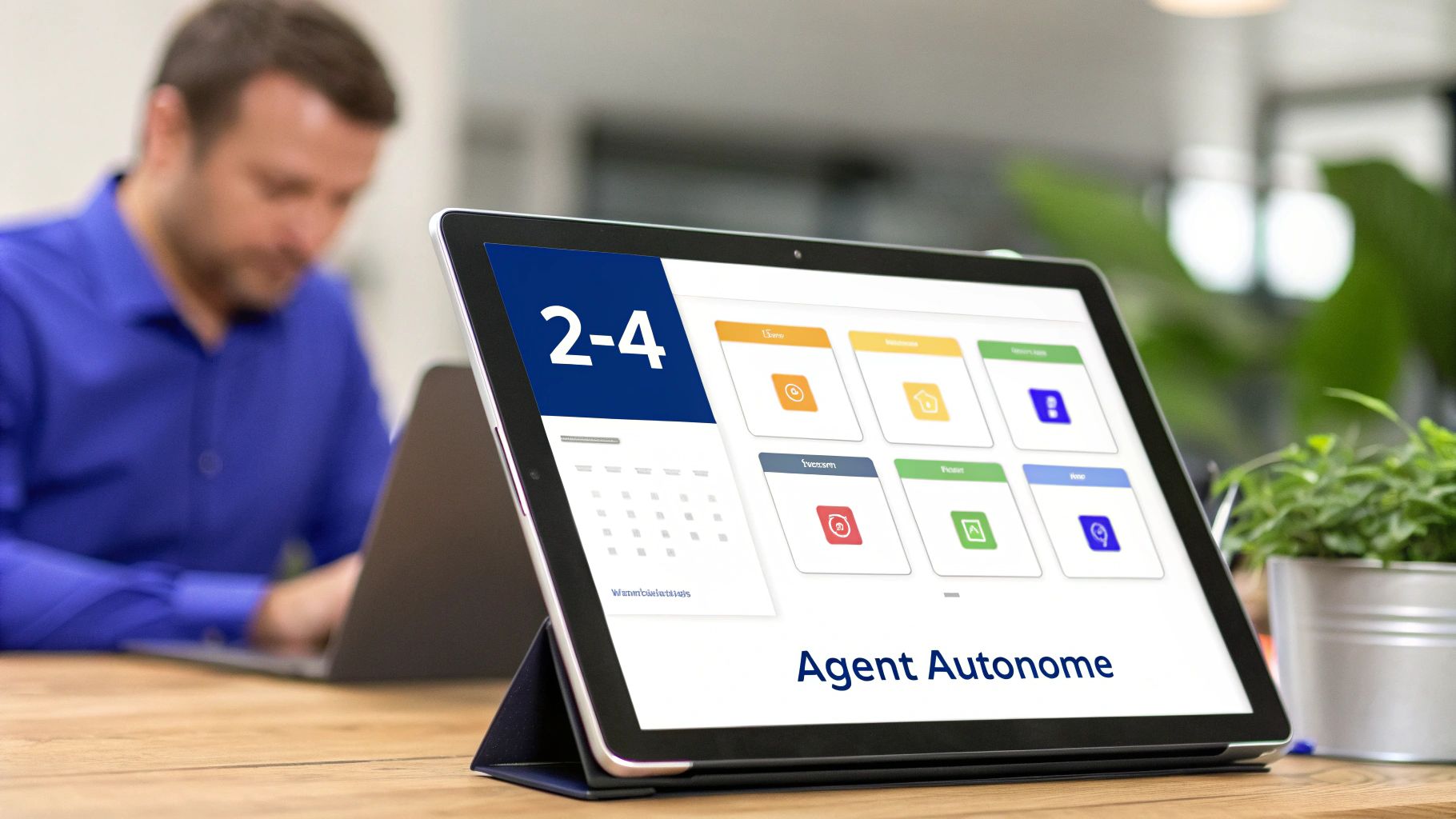 Une tablette numérique affiche une interface logicielle avec des icônes et le texte « Agent Autonome », un homme travaille sur un ordinateur portable en arrière-plan.