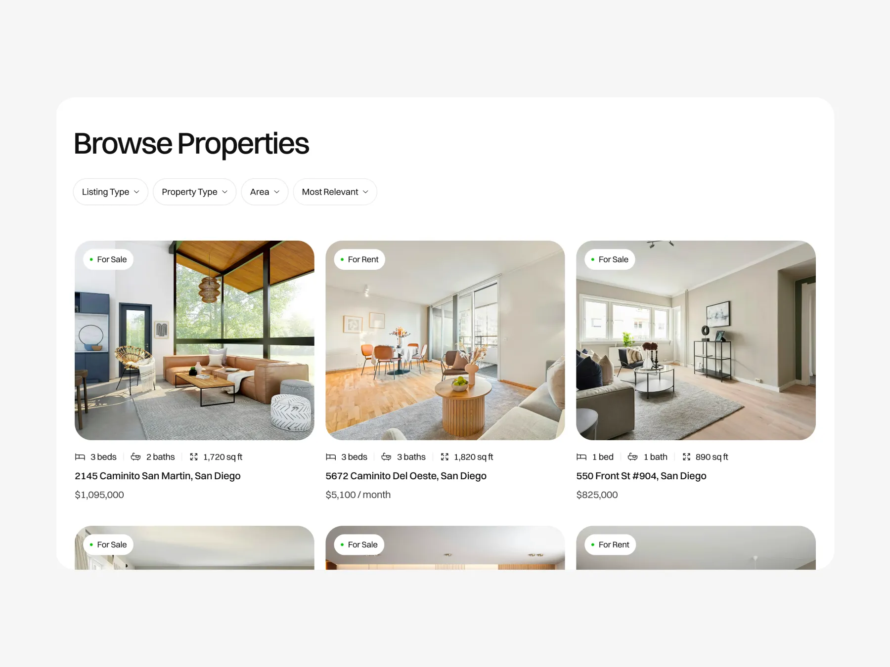Property listings page with filters in a real estate website template