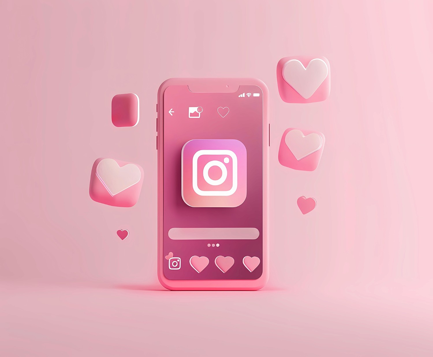  Instagram app displayed on a pink background adorned with hearts, symbolizing love and social connection.