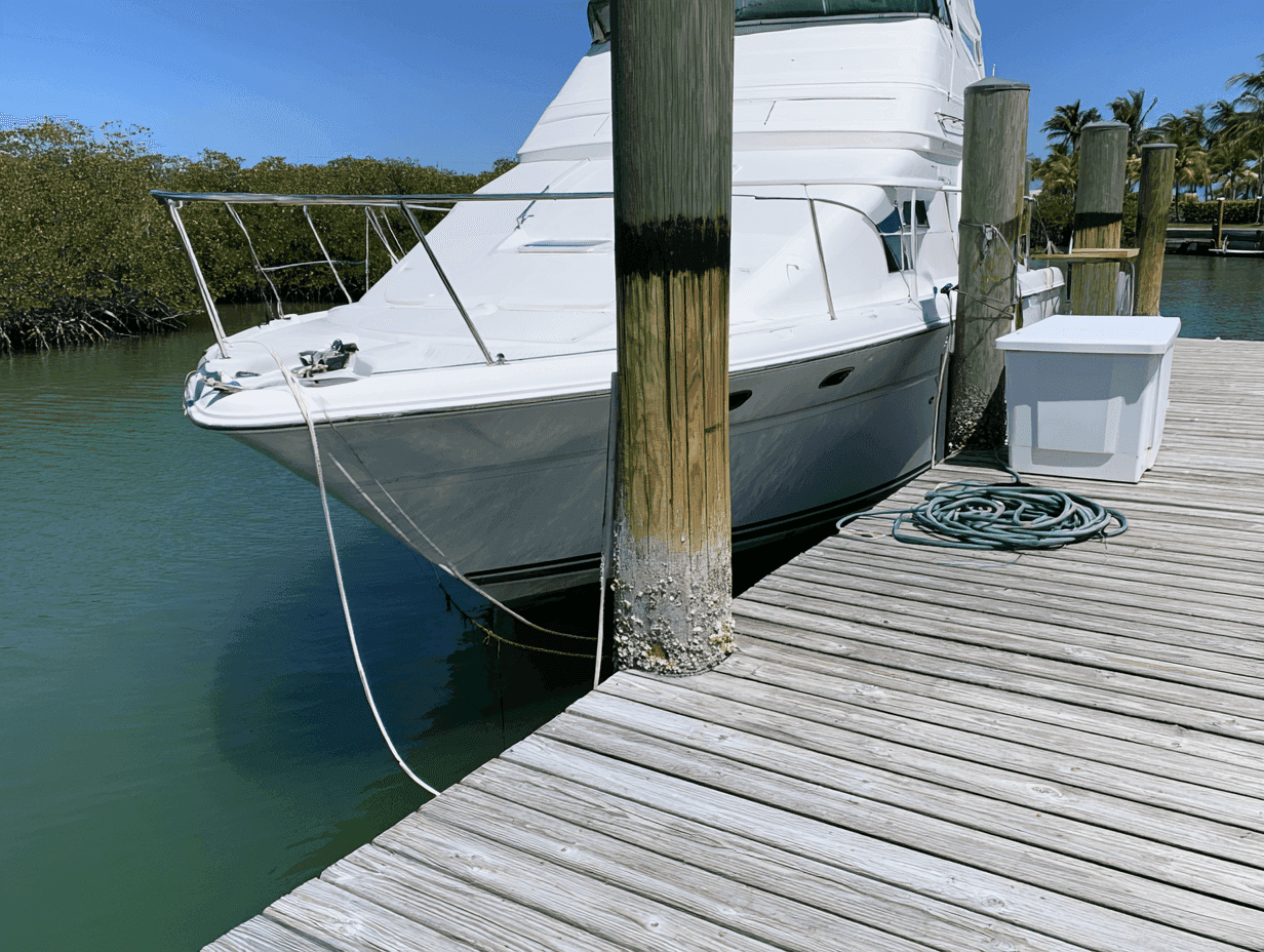 A cruiser sitting low beside a fixed dock at low tide, the pilings marked with a high-water line.