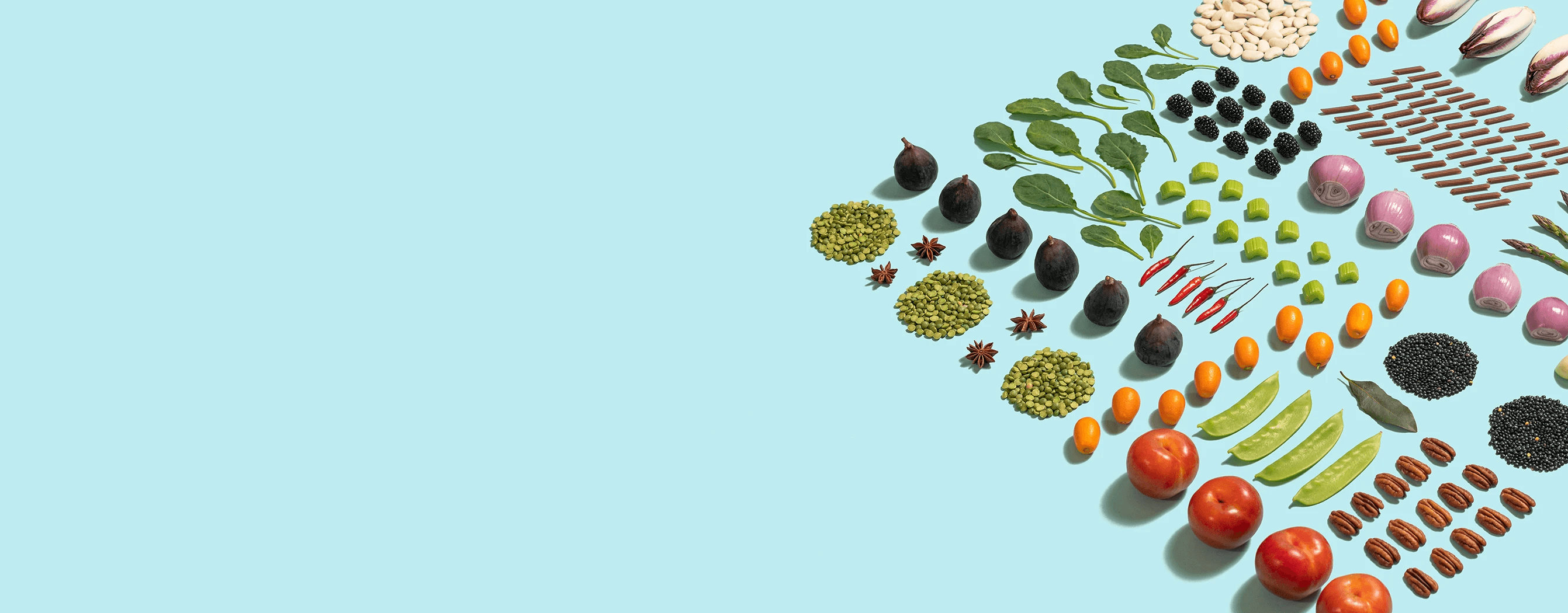 Various types of vegetables are arranged to look like farmland and/or a circuit board on a light blue background.