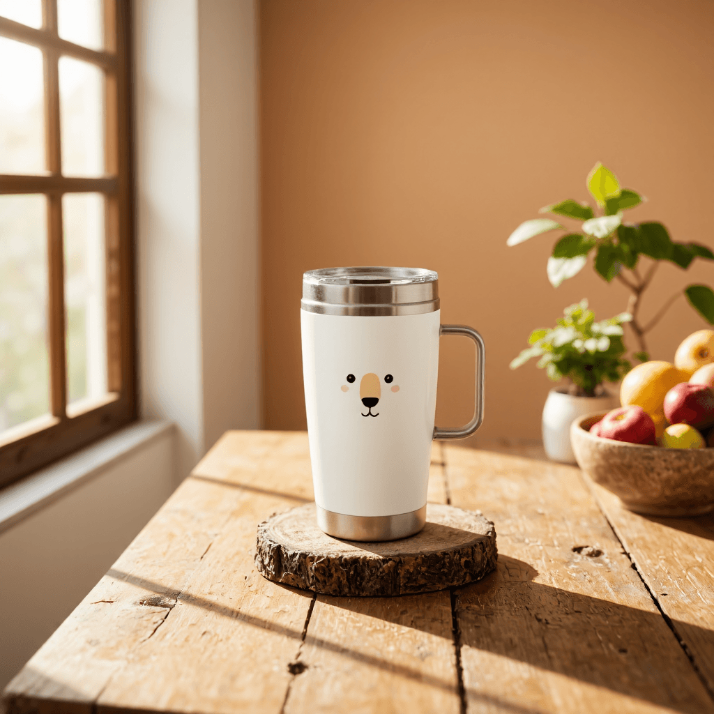 product photography of a travel mug with a cute animal design