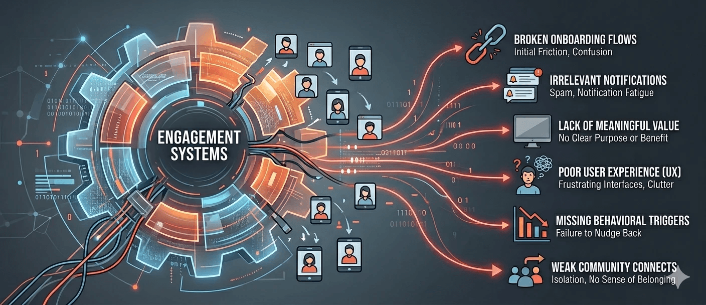 Diagram of an engagement system showing user interactions branching into common failure points such as broken onboarding, irrelevant notifications, poor user experience, and lack of meaningful value.