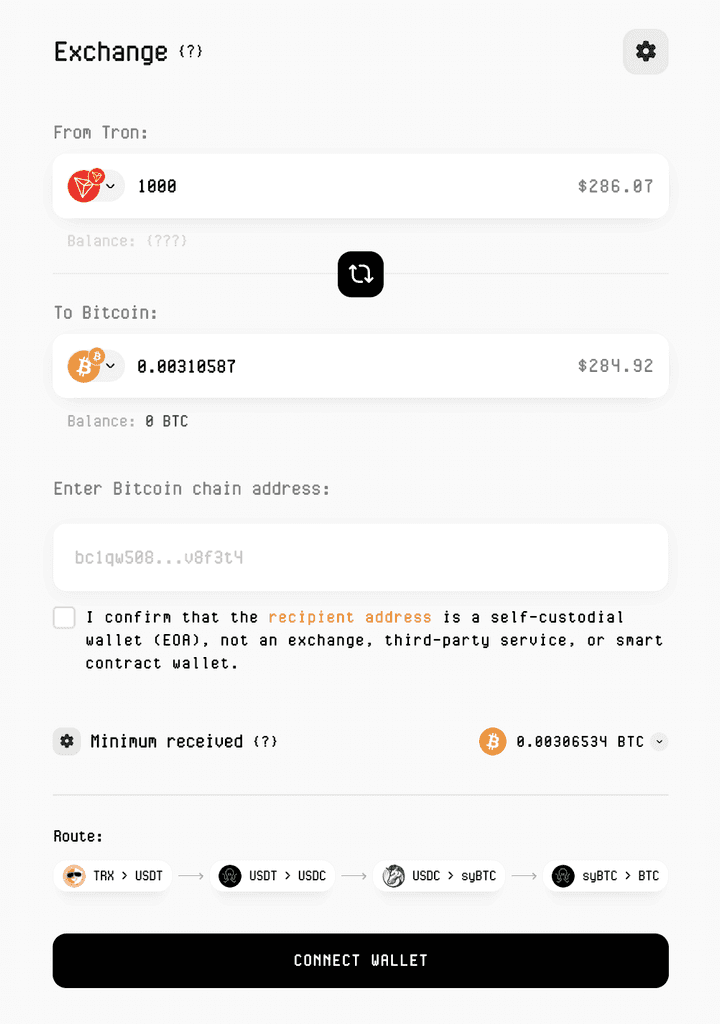 Tron to Bitcoin cross-chain bridge route example in Symbiosis WebApp