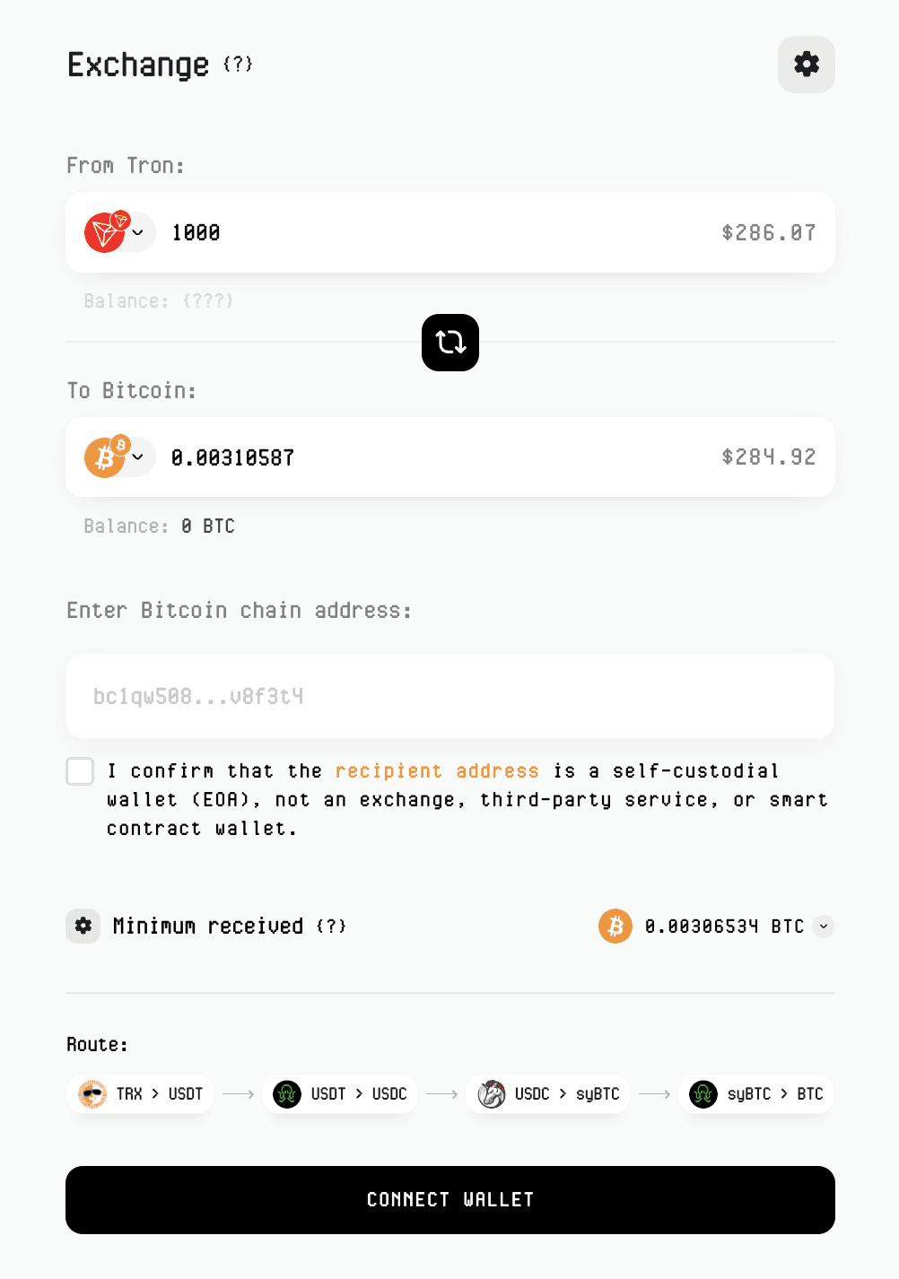 Tron to Bitcoin cross-chain bridge route example in Symbiosis WebApp