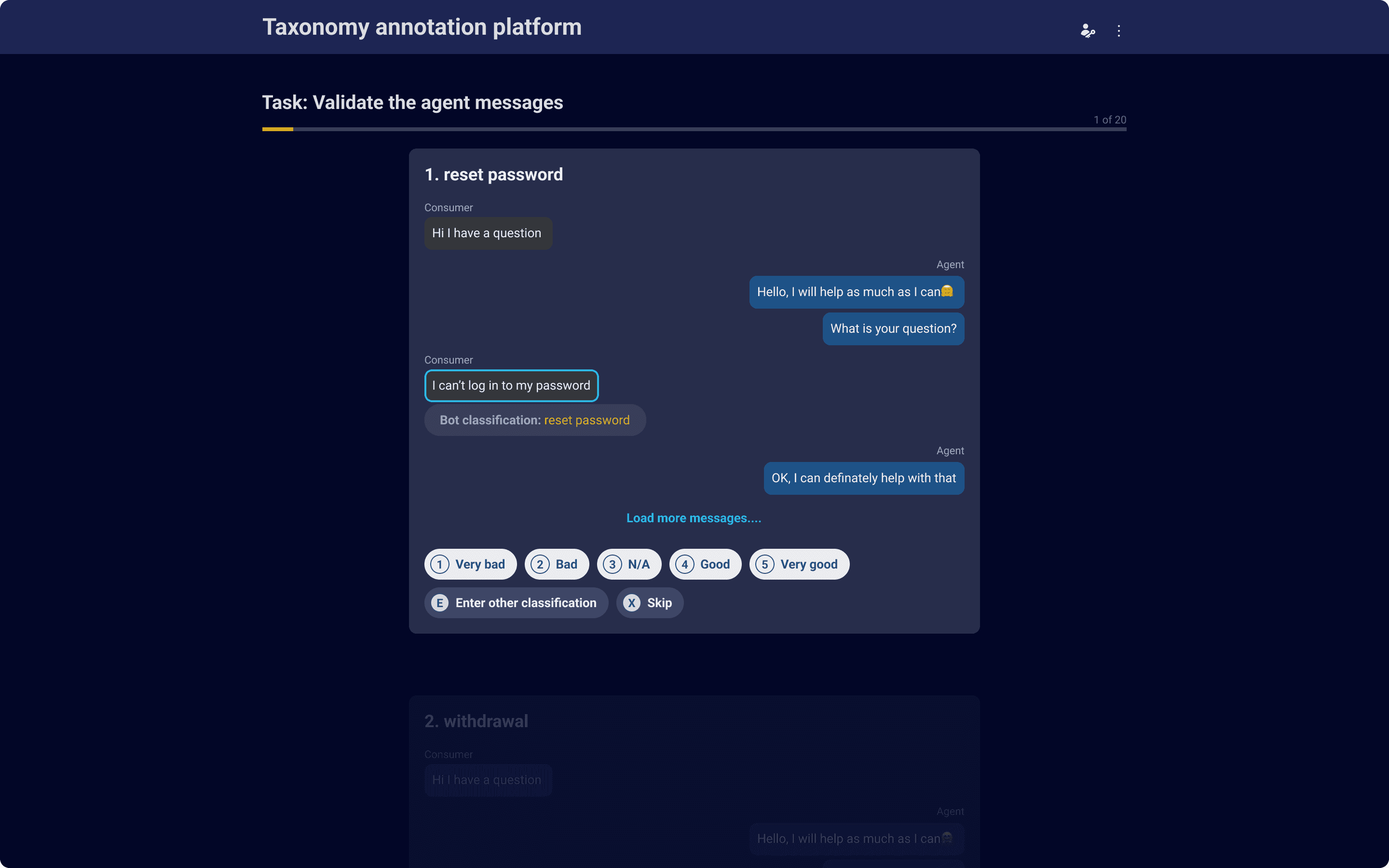 A design variant for annotating a conversation, where the UI elements are beneath the messages.