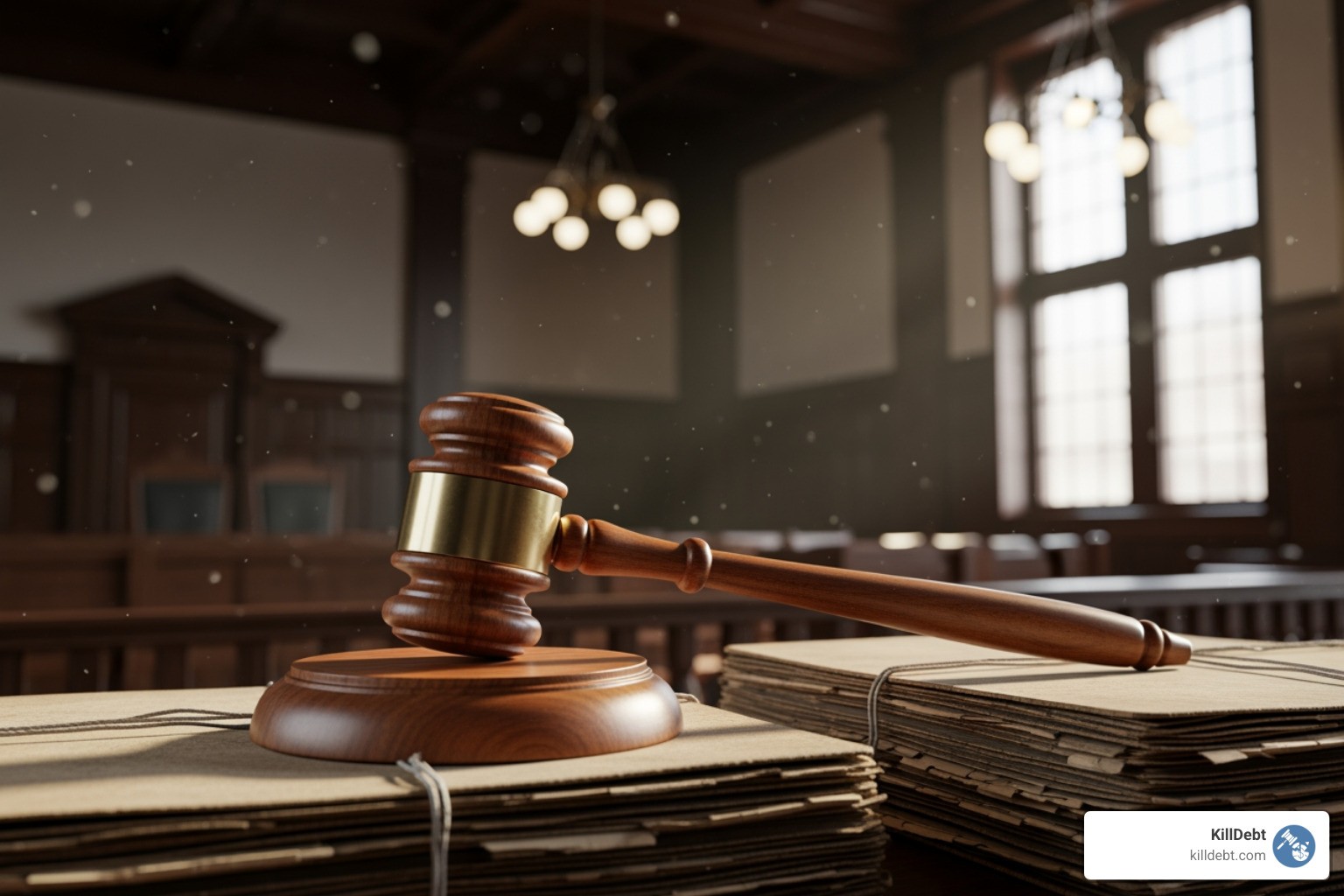 A judge's gavel resting on a pile of old, dusty files