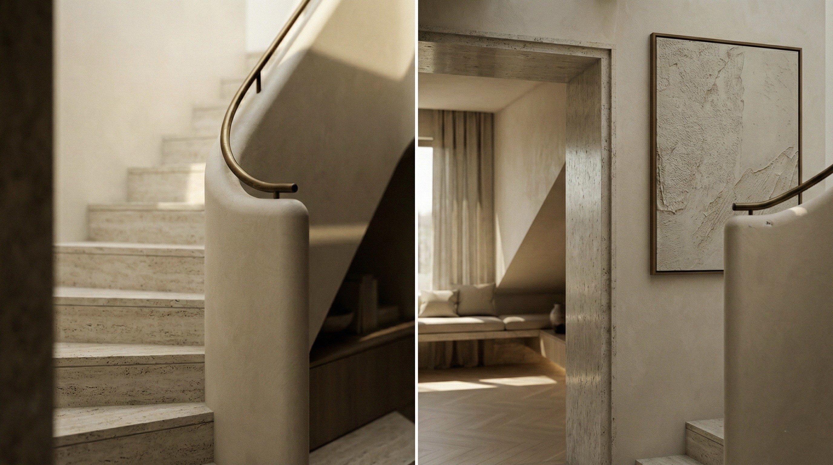 Proyecto Jovellanos 5 de Calienzo, interiorismo en Cortes con piedra natural, madera clara y luz suave.