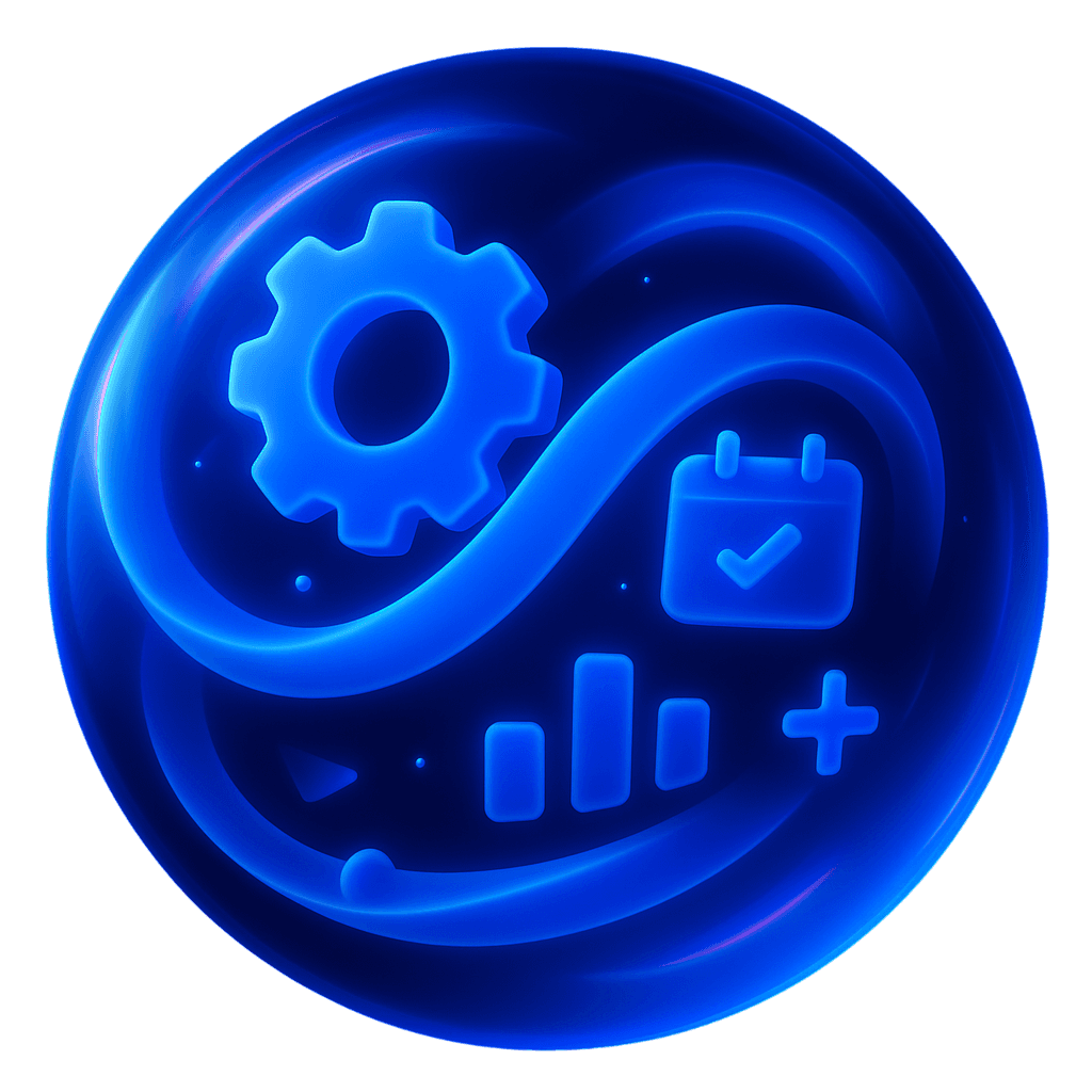 Gear, settings, calendar floating in 3D image.