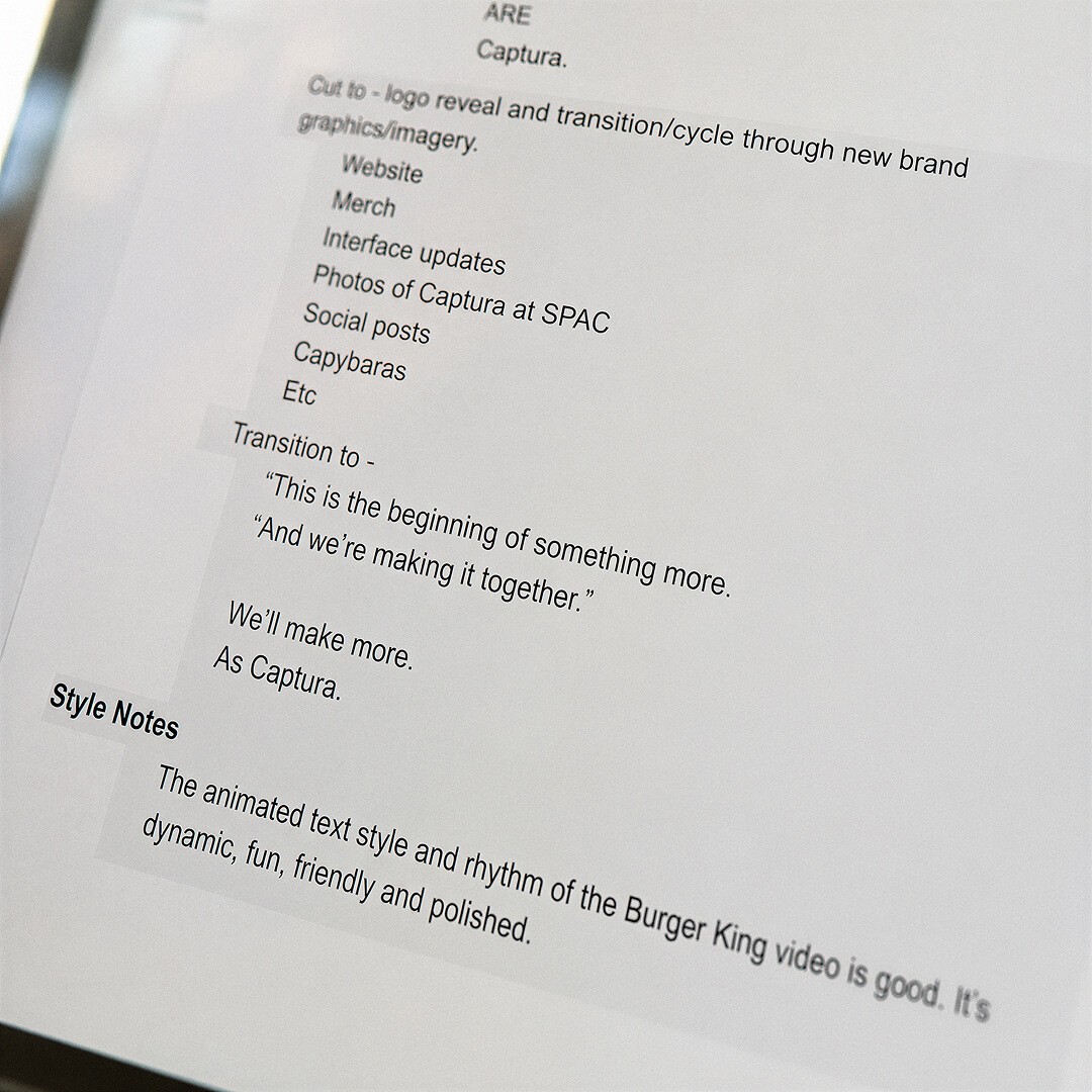 Creative brief for the 'We Are Captura' brand film, detailing the script, transition notes, and style direction provided to Methodborne before production.