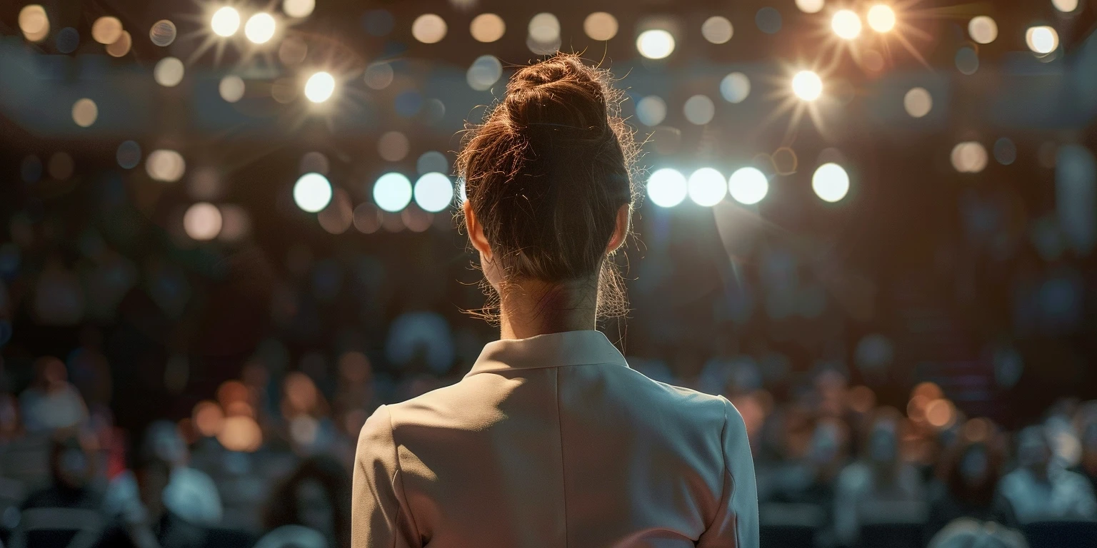 Vista de espalda de una mujer en presentando en un escenario