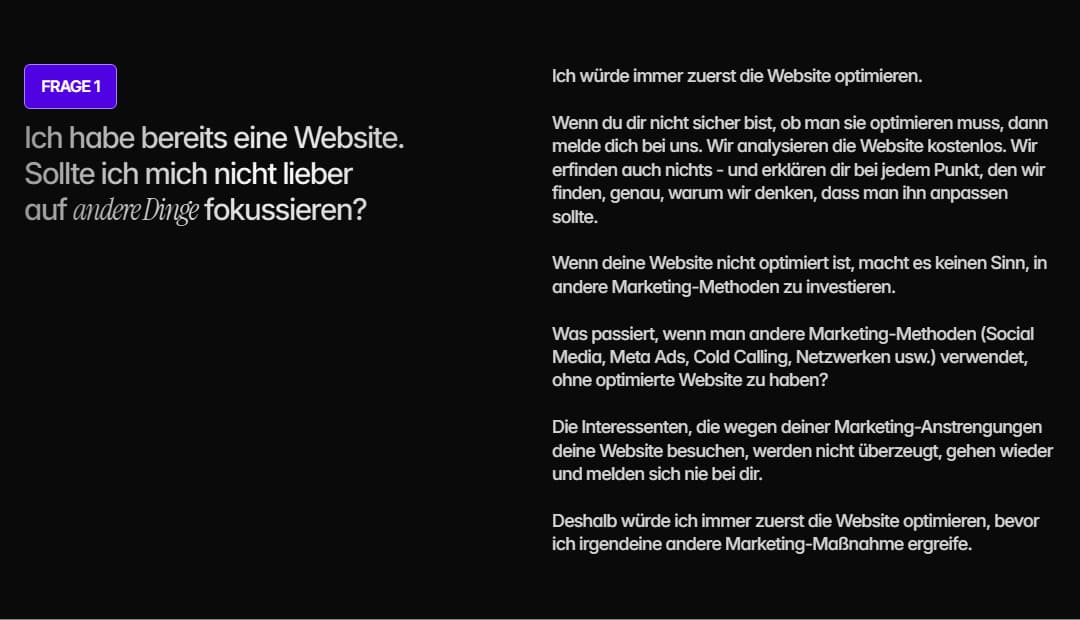 eine Frage und Antwort in einer FAQ-Sektion auf einer Website