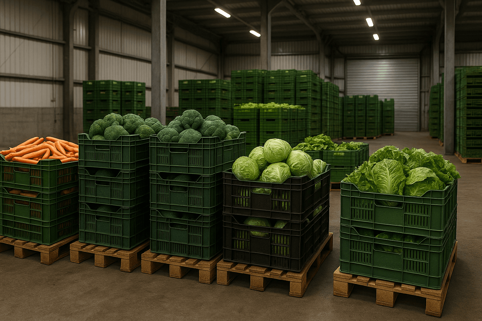 Pallets organizados com caixas de legumes e verduras dentro de um galpão do setor alimentício, mostrando cenouras, brócolis, alfaces e repolhos empilhados em um ambiente amplo e iluminado, típico de operações de distribuição e armazenagem B2B.