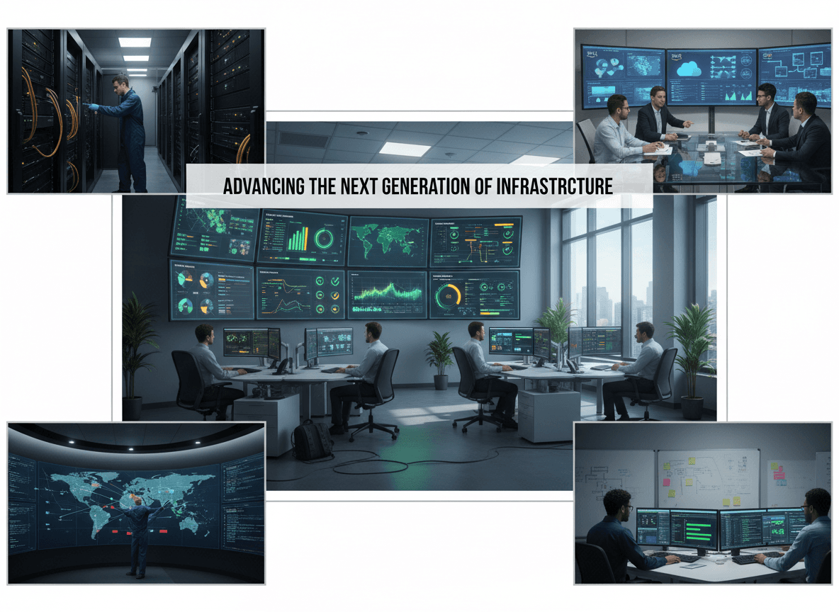 “Enterprise infrastructure command center with engineers monitoring cloud performance, network traffic, server uptime, and DevOps automation in a modern operations workspace.”