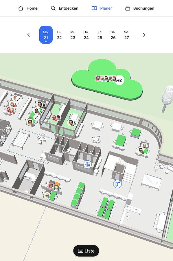 Mit der interaktiven 3D Karte von anny können Arbeitsplätze leicht gebucht und geteilt werden für einfaches Workspace Management 