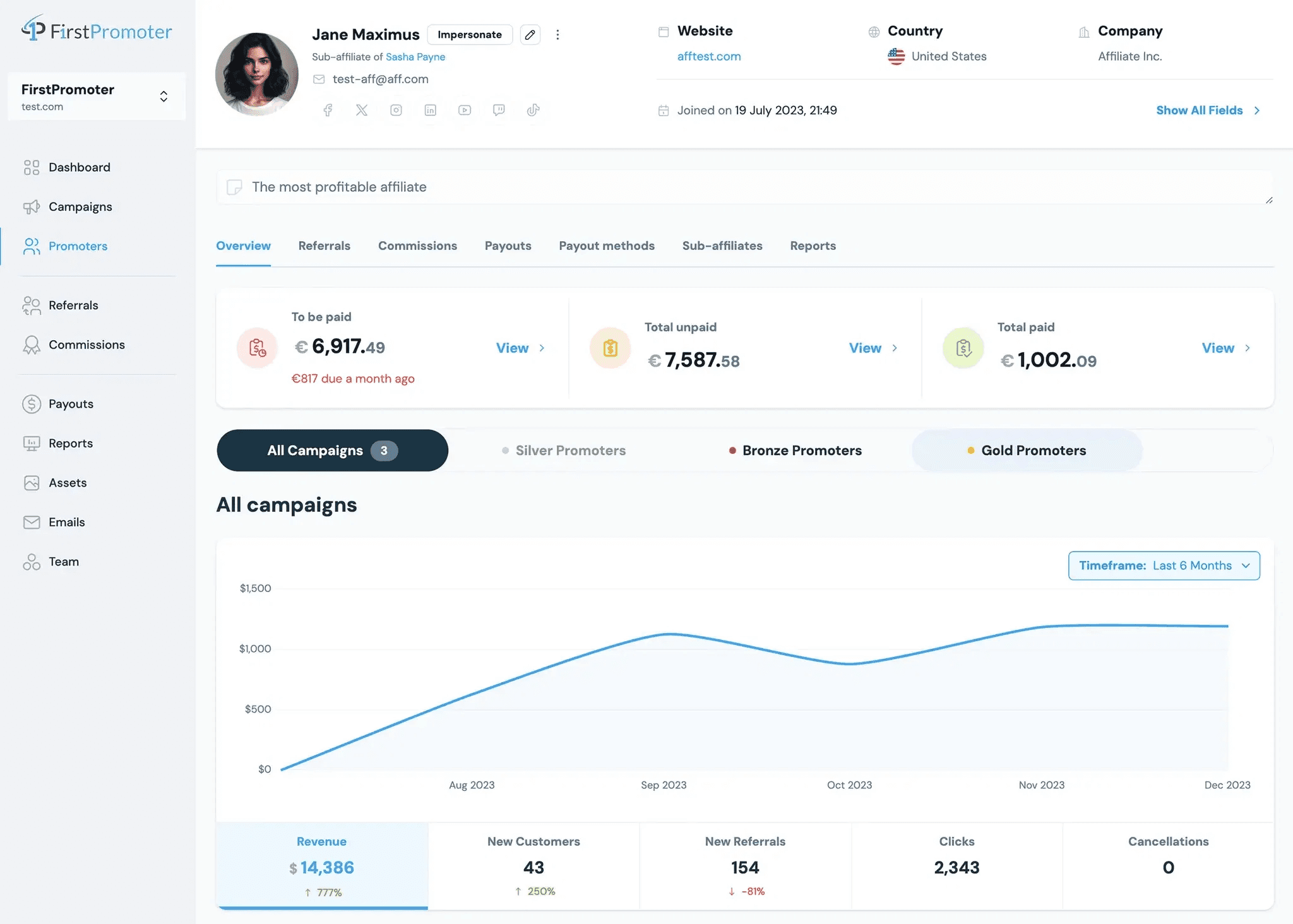 FirstPromoter affiliate program dashboard showing 18 tracking data points broken down by campaign, promoter, traffic source, and landing page