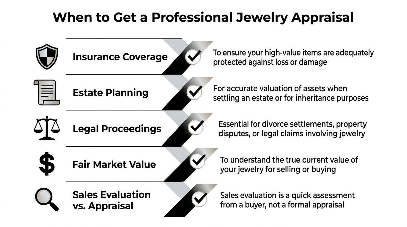 An infographic detailing five key reasons and scenarios when to seek a professional jewelry appraisal service.
