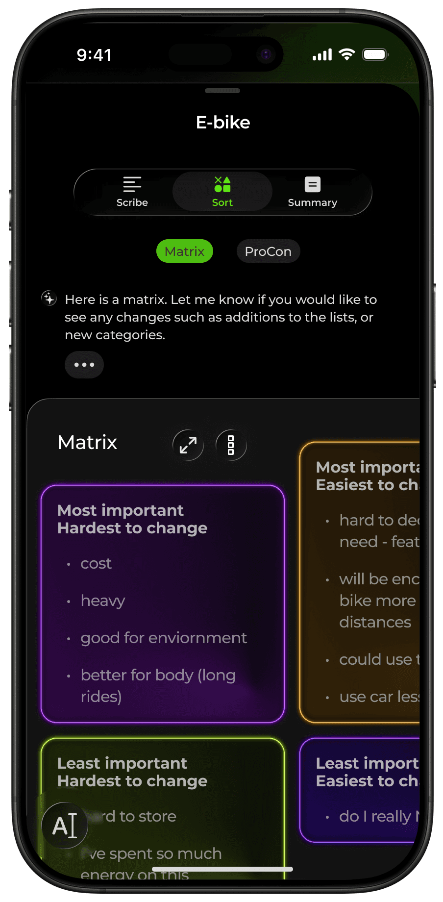 "Sort" screen. Only the last communication is shown above a list or matrix.