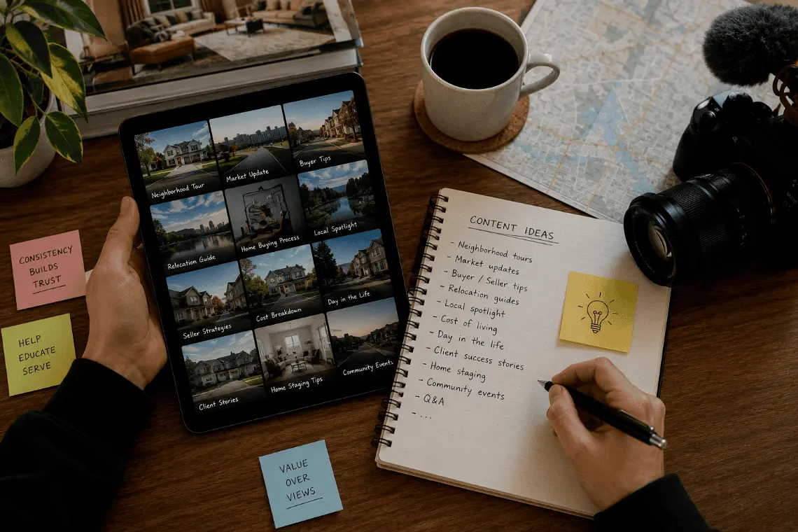 A real estate professional reviewing a content list on a tablet next to a camera setup.