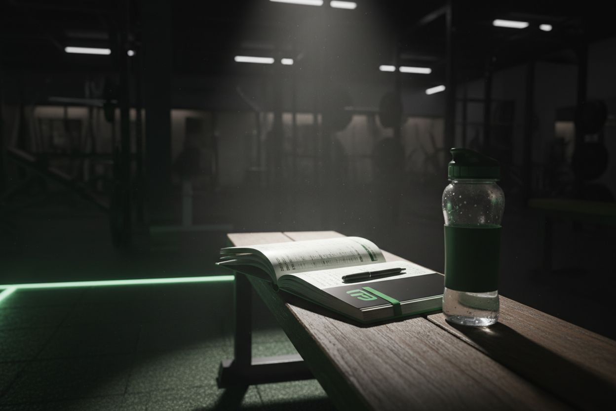 A workout notebook and water bottle on a gym bench